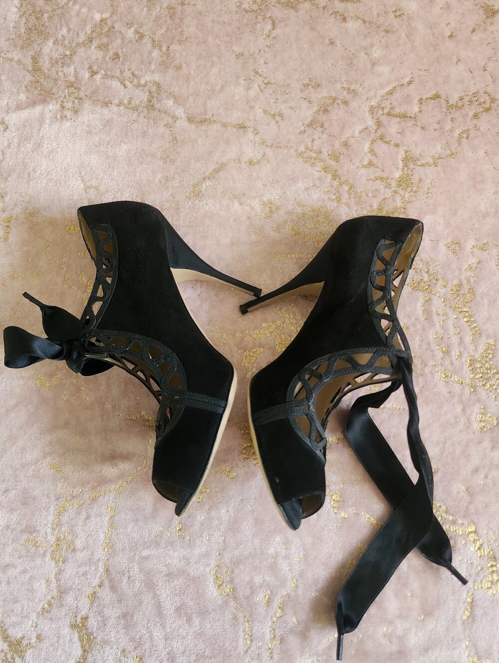 VALENTINO GARAVANI | Black Lace-Up Peep Toe Pumps - Picture 4 of 16
